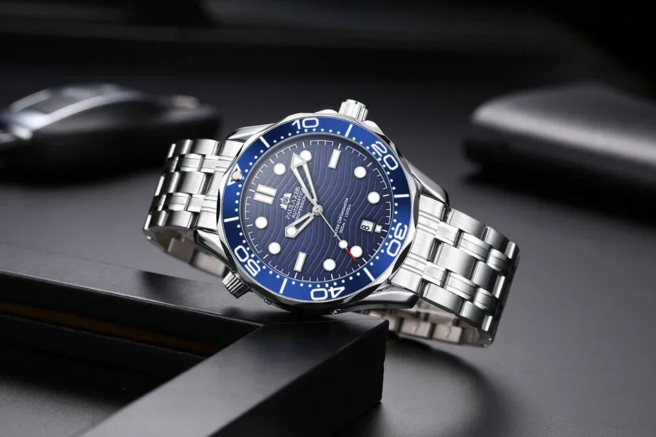 Automatic Mens Watch Mechanical Self Wind Movement Stainless Steel Casual Yellow Gold Silver Blue Master Wave Fashion Watches