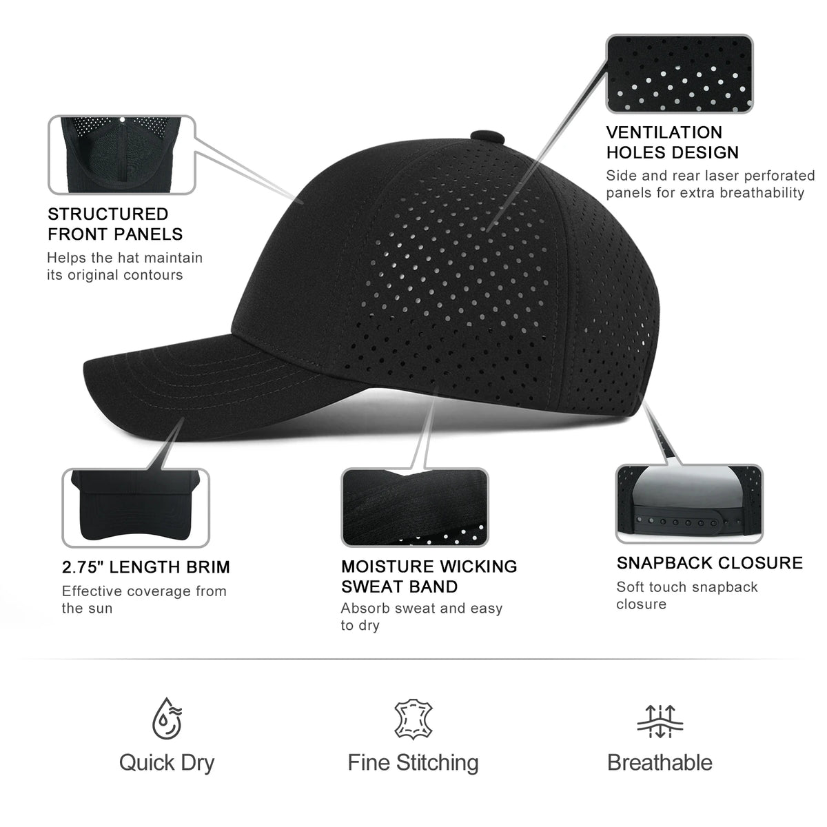 Casquette de baseball pour homme VOBOOM à séchage rapide, en maille découpée au laser, à visière incurvée et fermeture à pression, pour le sport en plein air, la course à pied et les voyages, couleur noire