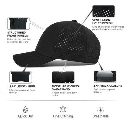 Casquette de baseball pour homme VOBOOM à séchage rapide, en maille découpée au laser, à visière incurvée et fermeture à pression, pour le sport en plein air, la course à pied et les voyages, couleur noire