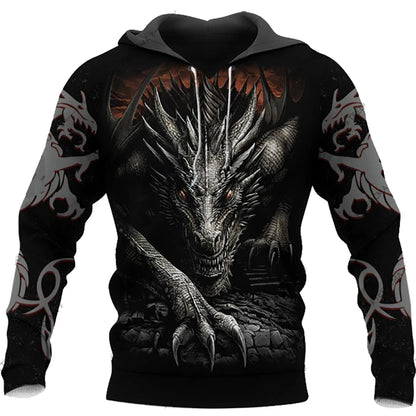 Felpa con cappuccio unisex da uomo con maniche lunghe, stampa 3D drago tatuaggio, autunno inverno, streetwear casual a pullover