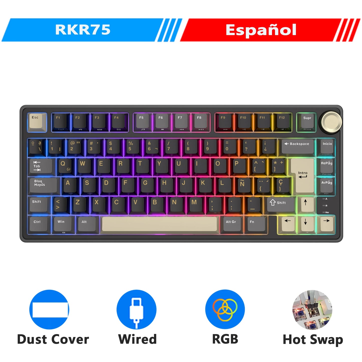 RK Royal Kludge R75 Gasket Wired Mechanical Keyboard 80 Keys RGB Backlit Hot-Swappable Spanish Gamer Keyboard MDA PBT Keycaps