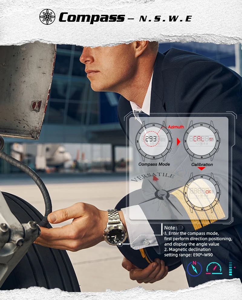 Relógio digital desportivo NORTH EDGE para homem, relógio de luxo empresarial para homem, impermeável 50M, altímetro, barómetro, bússola e mostrador luminoso