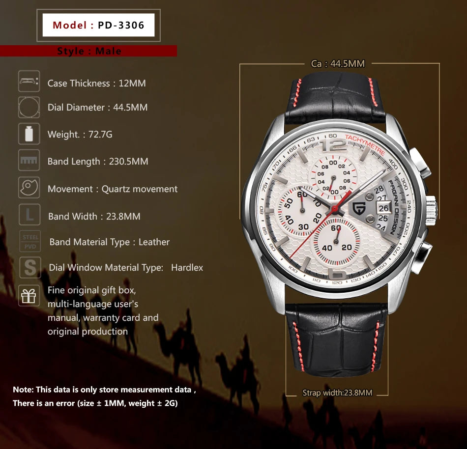 PAGANI DESIGN 2026 New Men's Quartz Watch Hardlex Crystal 50M Water Resistance Calendar Luminous Leather Strap Model PD3306