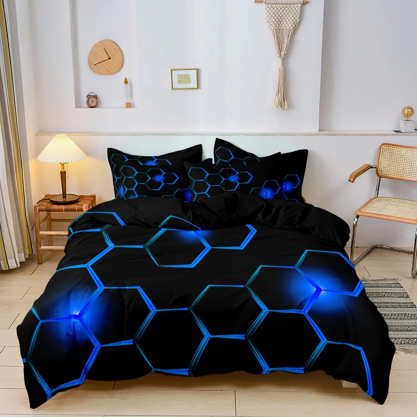 3pcs Geometric 3D Hexagonal Honeycomb Pattern Duvet Cover Set, Digital Print Colorful Polyester Bedding with Zipper Closure