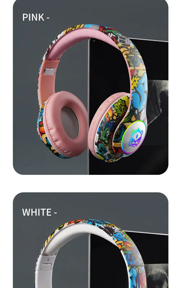 Auscultadores Gaming Bluetooth Sem Fios New Graffiti LX-8686 com Microfone, Iluminação LED, Suporte para Cartão TF, Graves Profundos e Design Over-Ear para PC, Gaming e Crianças