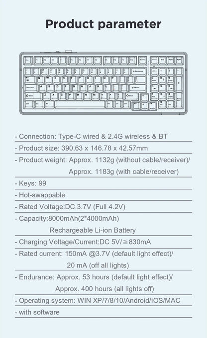 Teclado mecânico AULA F99 Bluetooth 5.0/2.4G sem fios/com fios, teclado gaming com montagem gasket, 99 teclas, personalizável