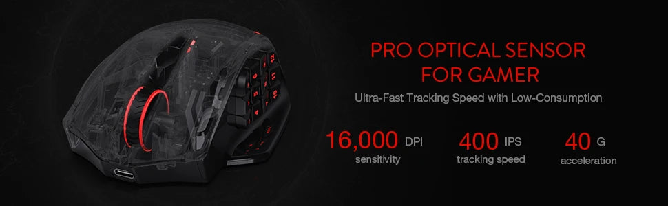Mouse da gaming Redragon M913 16000 DPI cablato e wireless 2.4Ghz RGB ottico, 16 pulsanti programmabili, mouse nero/bianco