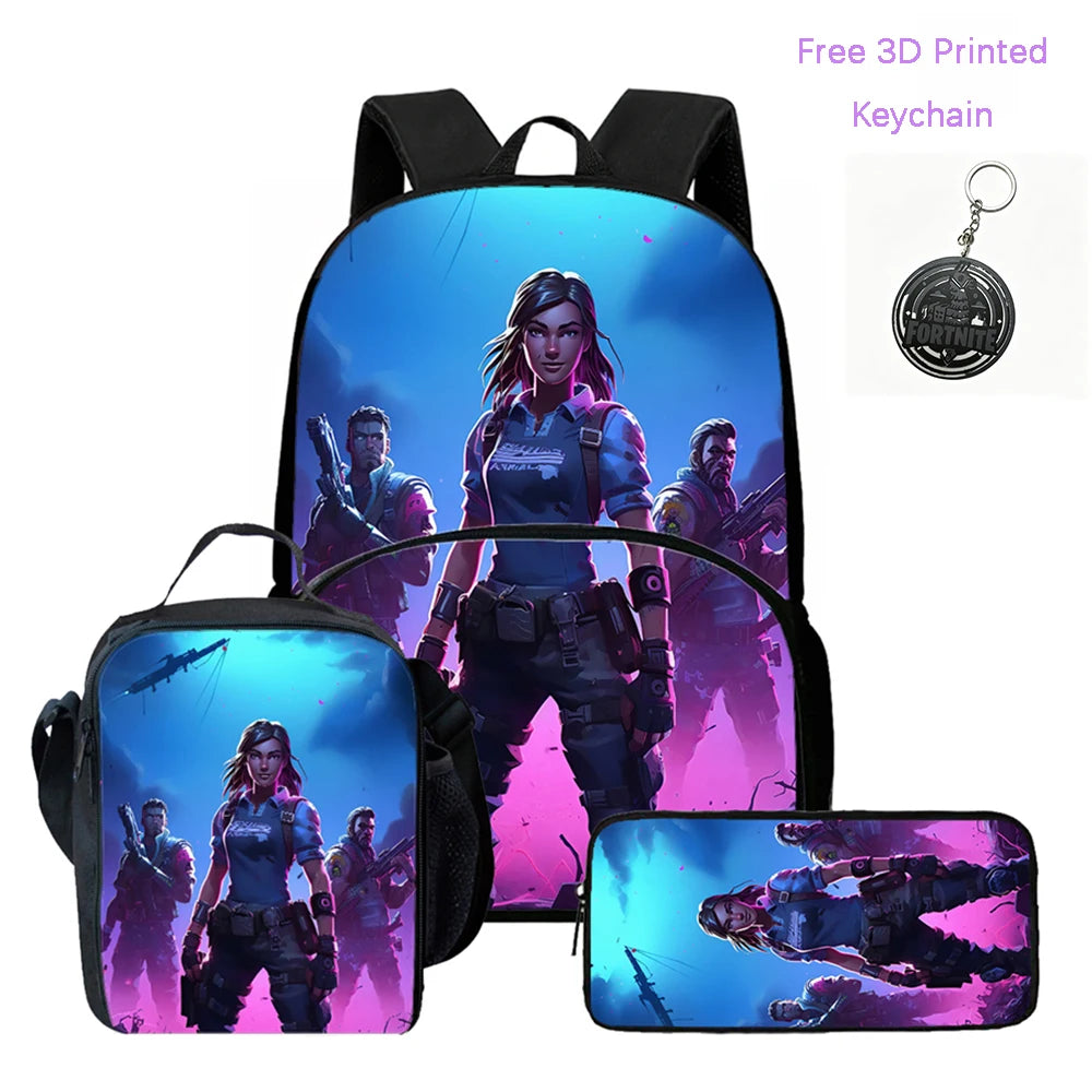 3Pcs FORTNITE Cartoon School Set Lightweight Backpack Front Pocket Lunch & Pencil Case For Kids Age 5-9 Free 3D Printed Keychain