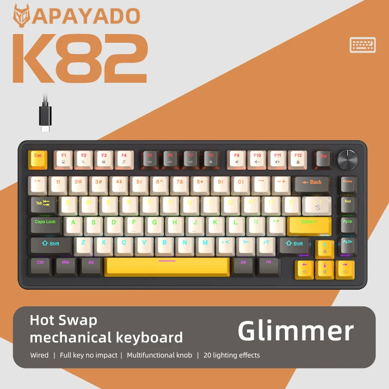 75% Mechanical Keyboard Wired with Media Knob, APAYADO Black Gaming Keyboard, Hot-Swap, ABS Cap Transparent Character Backlighting
