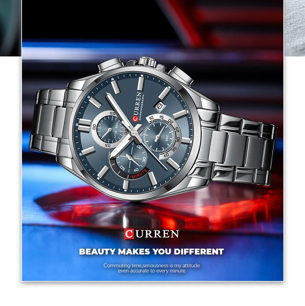 CURREN Men's Stainless Steel Chronograph Watches with Luminous Hands,Triple Sub-Dials Auto Date Fashion Design Quartz Wristwatch