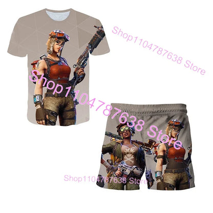 Conjunto Infantil 2 Peças F-Fortnited Victory 3D, T-shirt e Calções para Meninas e Meninos, Roupa Battle Royale, T-shirts Harajuku Hero