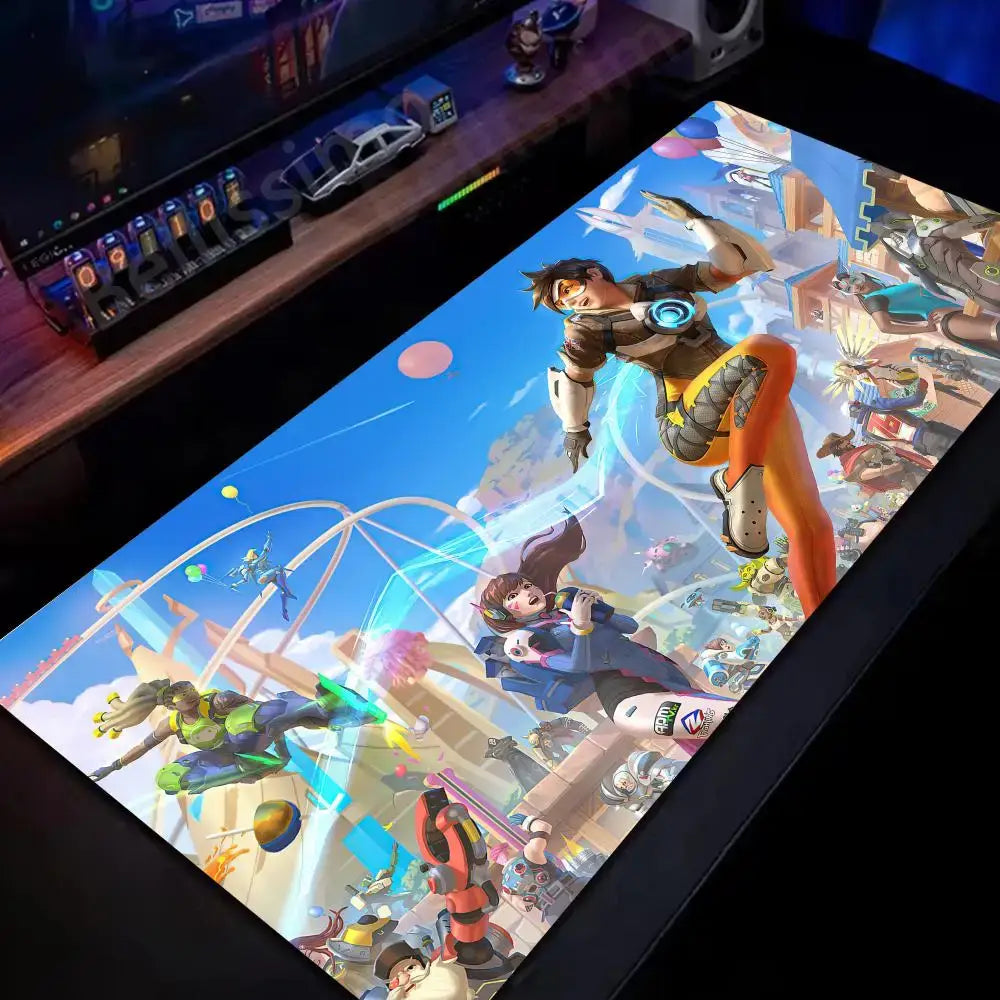Alfombrilla de ratón grande Overwatch para PC gamer, alfombrilla extendida para teclado rosa cute, accesorios gaming para portátil, tapete de escritorio kawaii HD