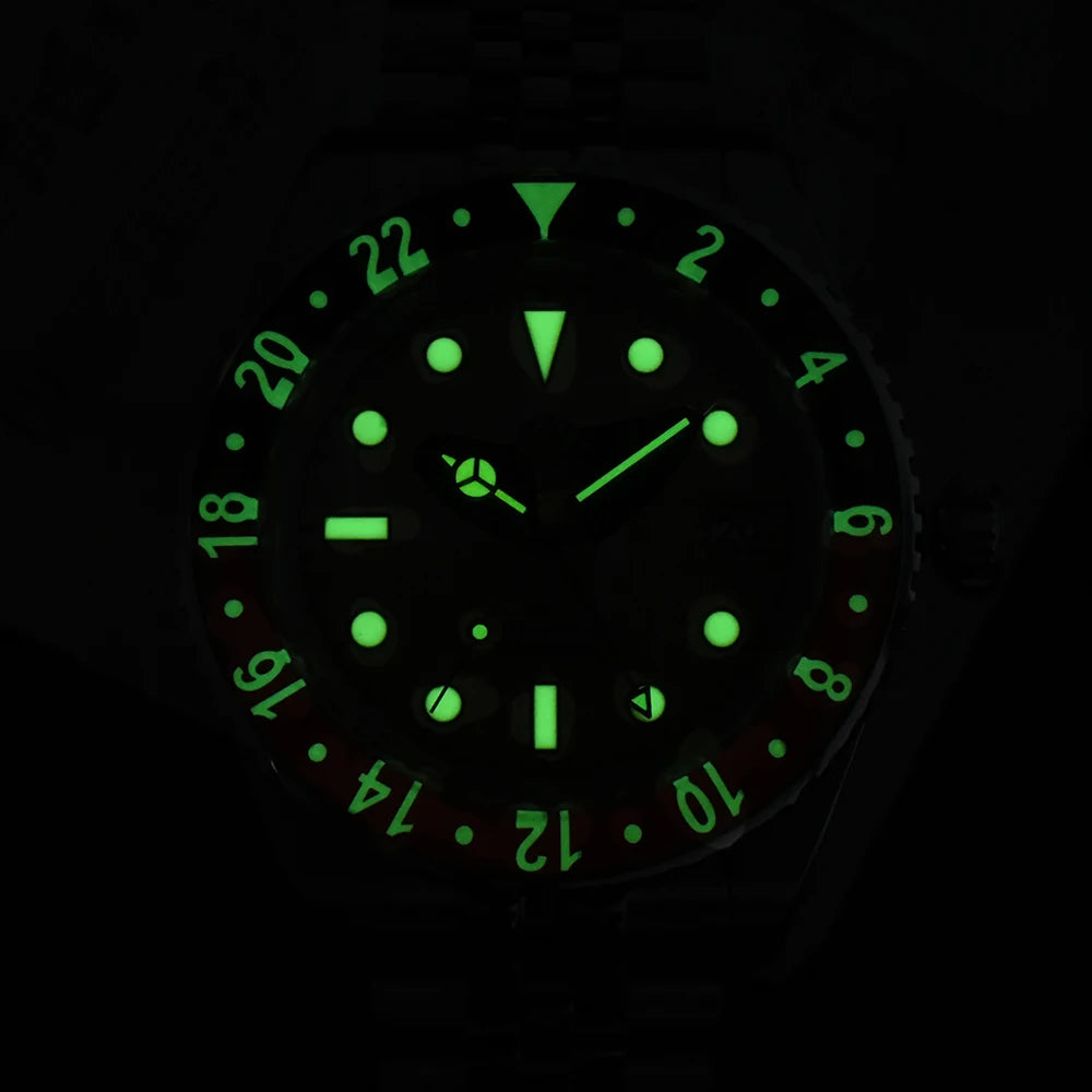 San Martin 40mm SN0005 Retro GMT NH34 Automatic Distressed Patina Dial Bi-color Sapphire Bezel Jubilee Mens Watches 20Bar Lume