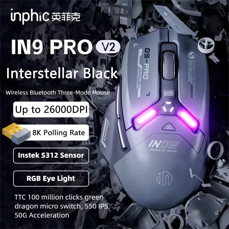 Mouse da gaming wireless Inphic IN9PRO 26000DPI 8K Polling Rate Bluetooth 5.0 cablato 2.4G tri-mode RGB ergonomico