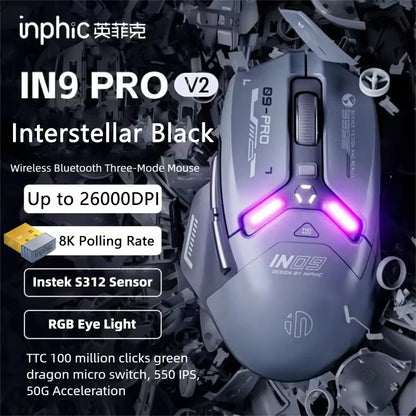 Mouse da gaming wireless Inphic IN9PRO 26000DPI 8K Polling Rate Bluetooth 5.0 cablato 2.4G tri-mode RGB ergonomico