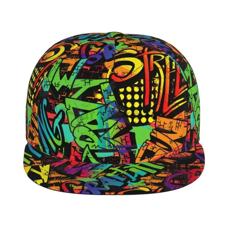 Farverig baseballcap med graffitikunst-print, justerbar snapback-kasket til mænd og kvinder, unisex hiphop-kasketter med flad skygge