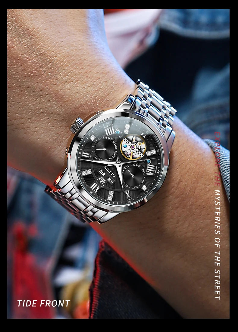 OLEVS 6701 Men's Watch Luxury Waterproof Auto Date Mechanical Watch For Men Hollow Skeleton Diamond Wristwatch Luminous Clock