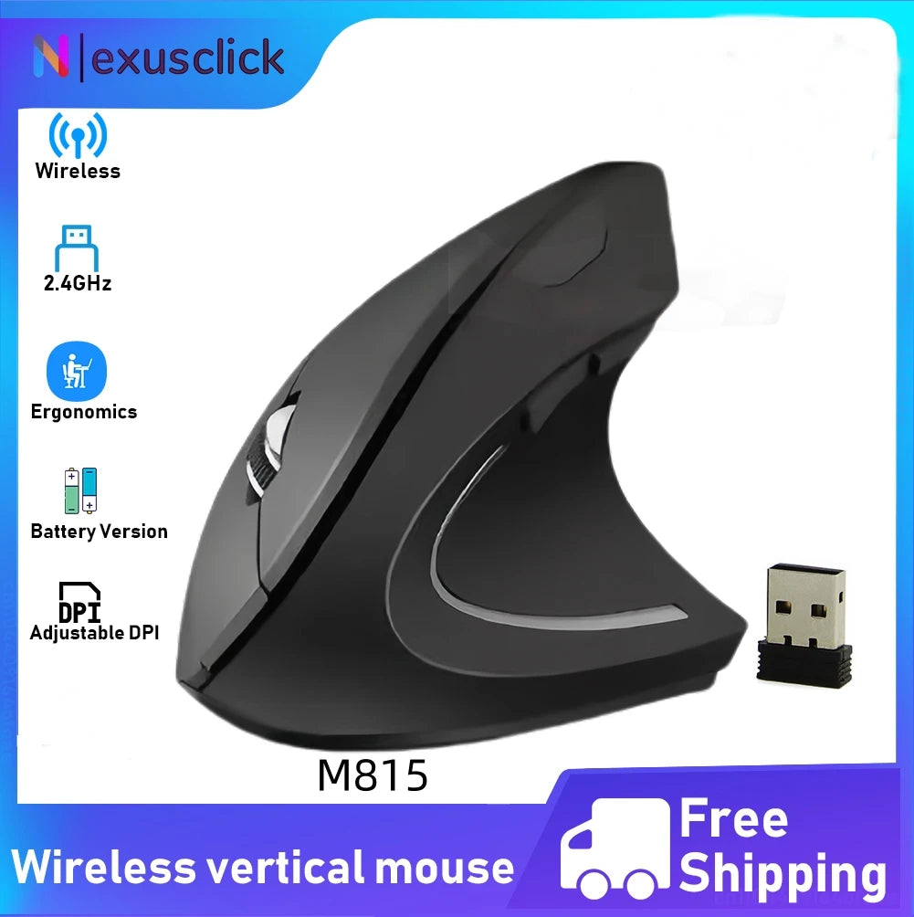 Rato Vertical Sem Fios Bluetooth 2.4G Recarregável Ergonómico 1600DPI Ajustável Gaming 6 Botões para Portátil PC Computador