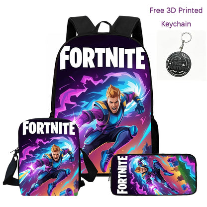 3Pcs Kids Backpack Set, Crossbody & Pencil Bag, FORTNITE Cartoon Bag, Lightweight for Boys Girls 6-10, Free 3D Printed Keychain