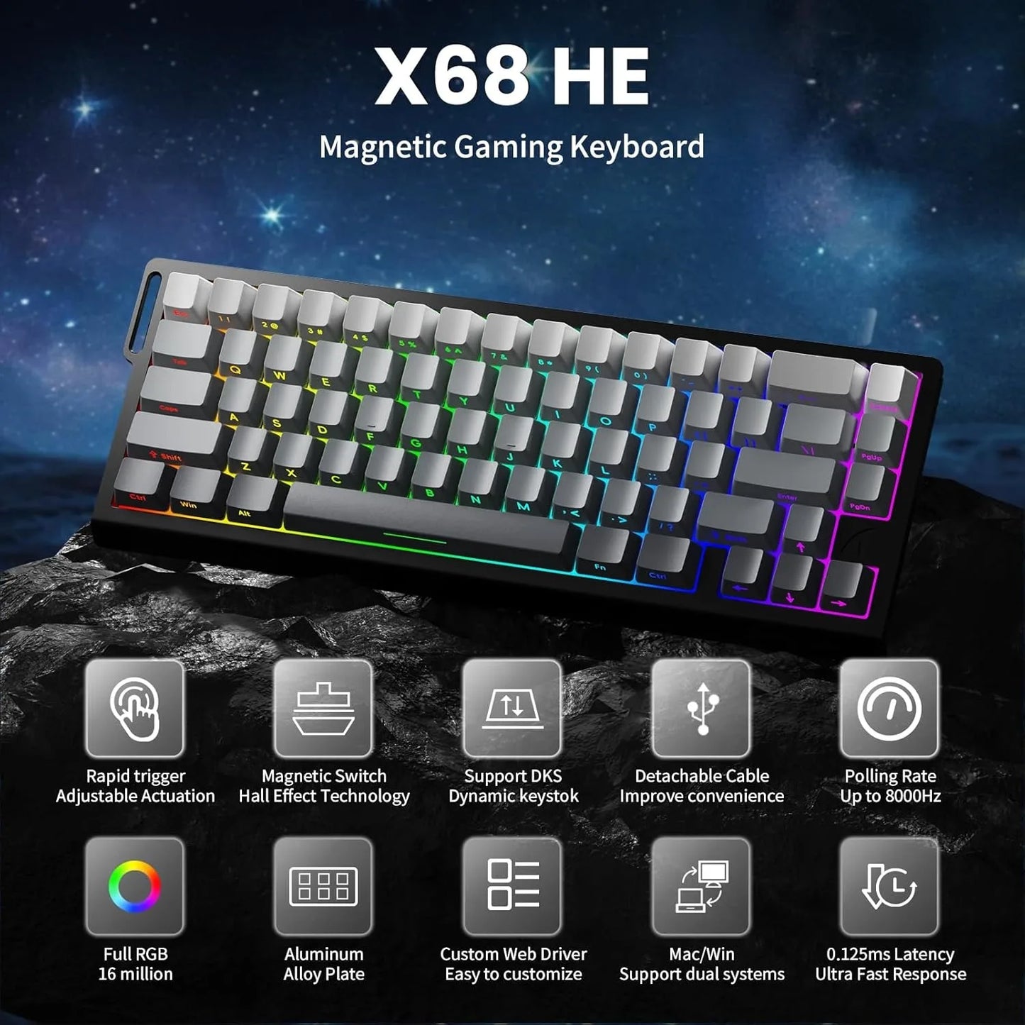ATTACK SHARK X68 HE 8000Hz Rapid Trigger Keyboard 0.01mm RT Accuracy RGB Wired Gaming Keyboard with Magnetic Switch for PC/Mac