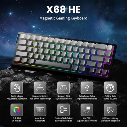 ATTACK SHARK X68 HE 8000Hz Rapid Trigger Keyboard 0.01mm RT Accuracy RGB Wired Gaming Keyboard with Magnetic Switch for PC/Mac