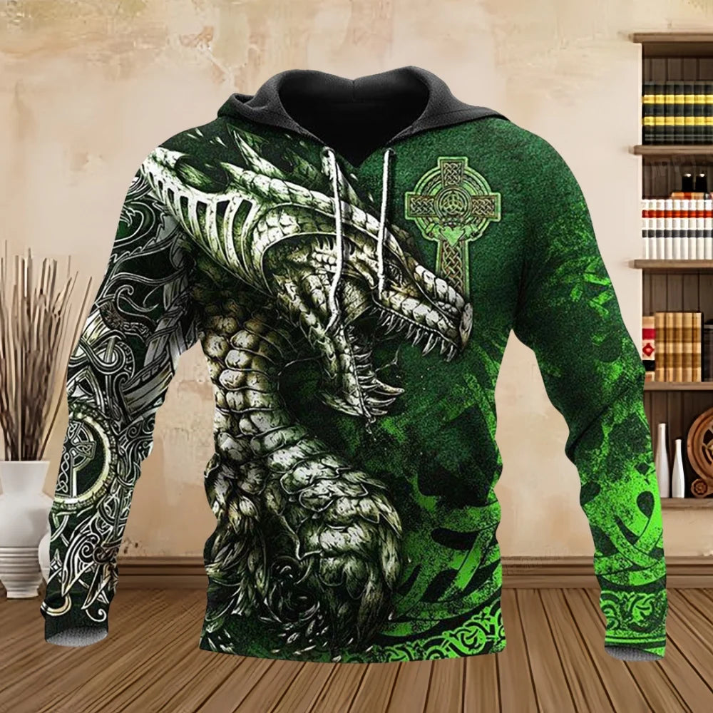 Sweatshirt com Capuz Unissexo para Homem, Manga Comprida, Estampado 3D com Dragão Tattoo, Primavera/Outono, Streetwear Casual, Pullover, Fato de Treino