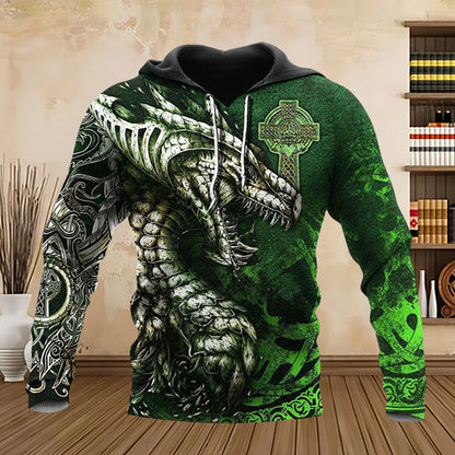 Sweatshirt com Capuz Unissexo para Homem, Manga Comprida, Estampado 3D com Dragão Tattoo, Primavera/Outono, Streetwear Casual, Pullover, Fato de Treino