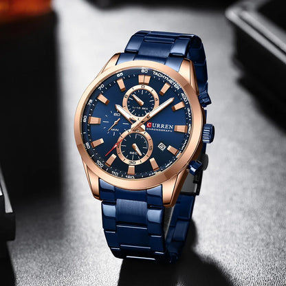 CURREN Quartz Chrono Sport Watch Brands for Men - Stainless Steel Bracelet and Multifunctional Dial