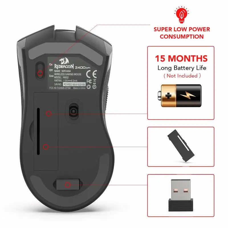 Rato sem fios Redragon M652 Optical 2.4G com recetor USB, rato portátil para gaming e escritório, 5 níveis de DPI ajustáveis