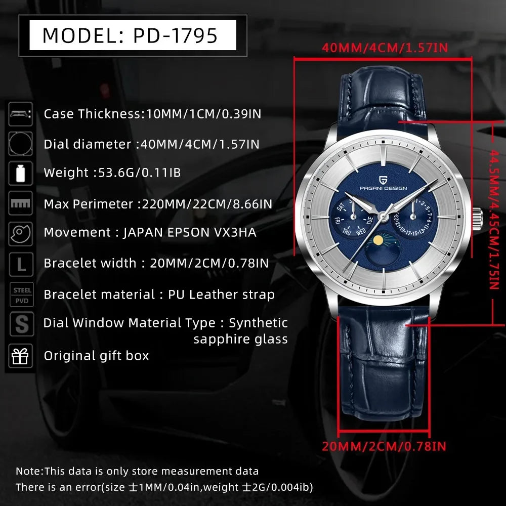 Pagani Design 40mm Multifunctional Men's Quartz Watch Japan Movt Moon Phase 100m Waterproof Sapphire Glass Wristwatches For Man