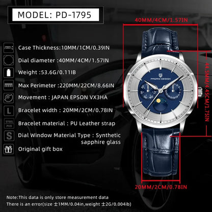 Pagani Design 40mm Multifunctional Men's Quartz Watch Japan Movt Moon Phase 100m Waterproof Sapphire Glass Wristwatches For Man