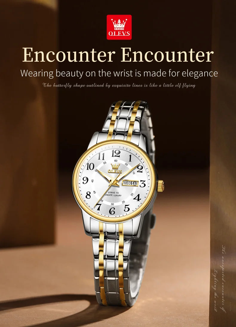 OLEVS 2891 Luxury Brand Fashion Women's Watches Waterproof Luminous Quartz Watch Dual Calendar Stainless Steel Strap Wristwatch