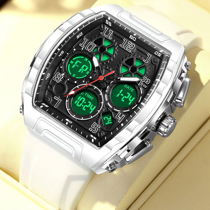 FOXBOX Men Watch Luminous White Silicone Waterproof Quartz Watch For Men Fashion Analog Digital Alarm Chronograph Montre Homme