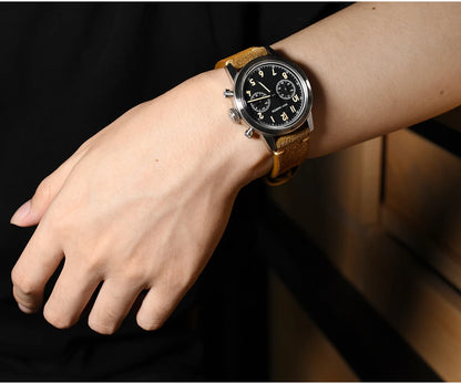 San Martin Vintage Men Quartz Watch Pilot VK64 Chronograph Watches Waterproof Luminous Quick Release Leather Strap SN0127