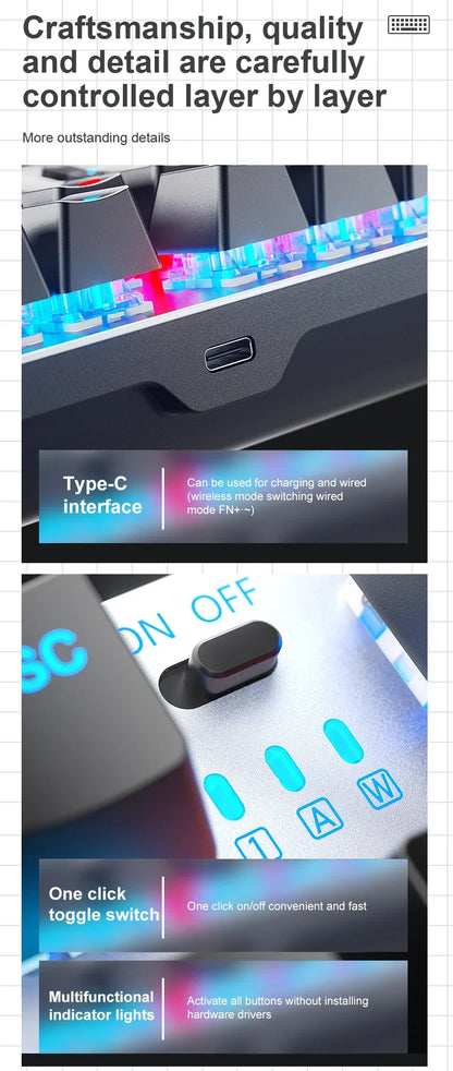 AULA F3001 Mechanical Keyboard Bluetooth Wireless Three Mode Metal Panel Two-color Injection Molding Cool Backlight Effect 87 Key