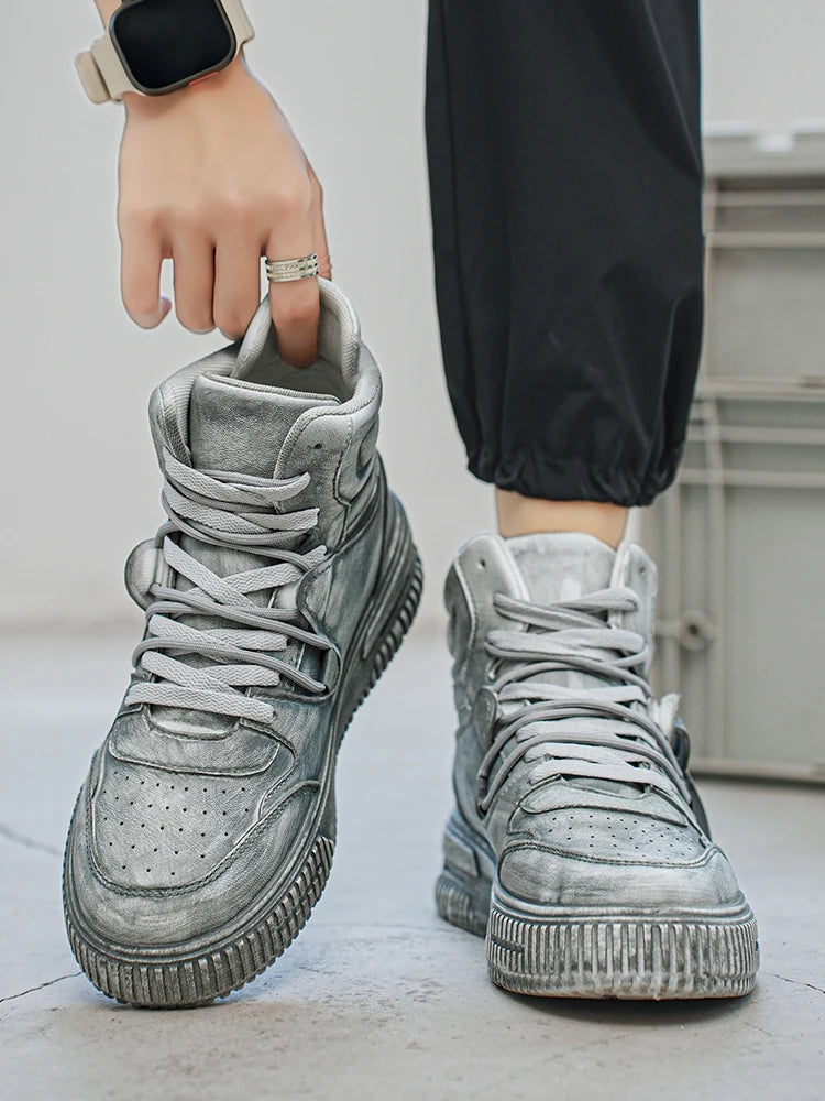 Autumn and winter high top men's shoes fashion trend retro gray children's and young men's parent-child shoes work sports and le