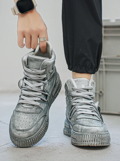 Autumn and winter high top men's shoes fashion trend retro gray children's and young men's parent-child shoes work sports and le