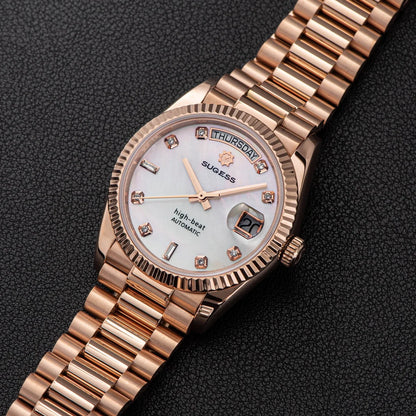 Sugess Watch of Men 36mm Date Automatic Retro Mechanical Wristwatches Sapphire Crystal RoseGold Dandong SL3034 Movement Day New