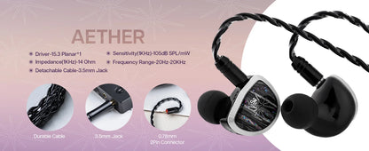 Linsoul Kiwi Ears Aether HiFi Earphones with 15.3mm Planar Driver, Premium Wired IEM Earphones, Detachable Cable System for Gaming & Music