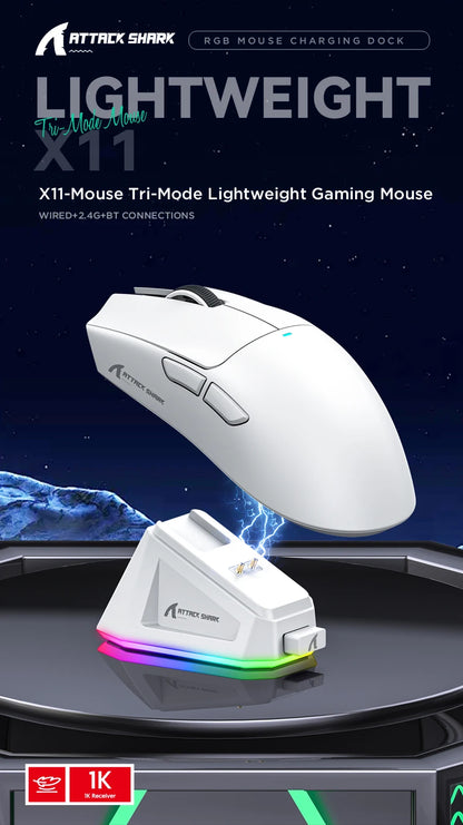 ATTACK SHARK X11 Tri-Mode leichte Gaming-Maus mit PAW3311, 22000DPI, 400IPS, 40G, 59g, magnetischem Schnellladen, RGB-Hintergrundbeleuchtung