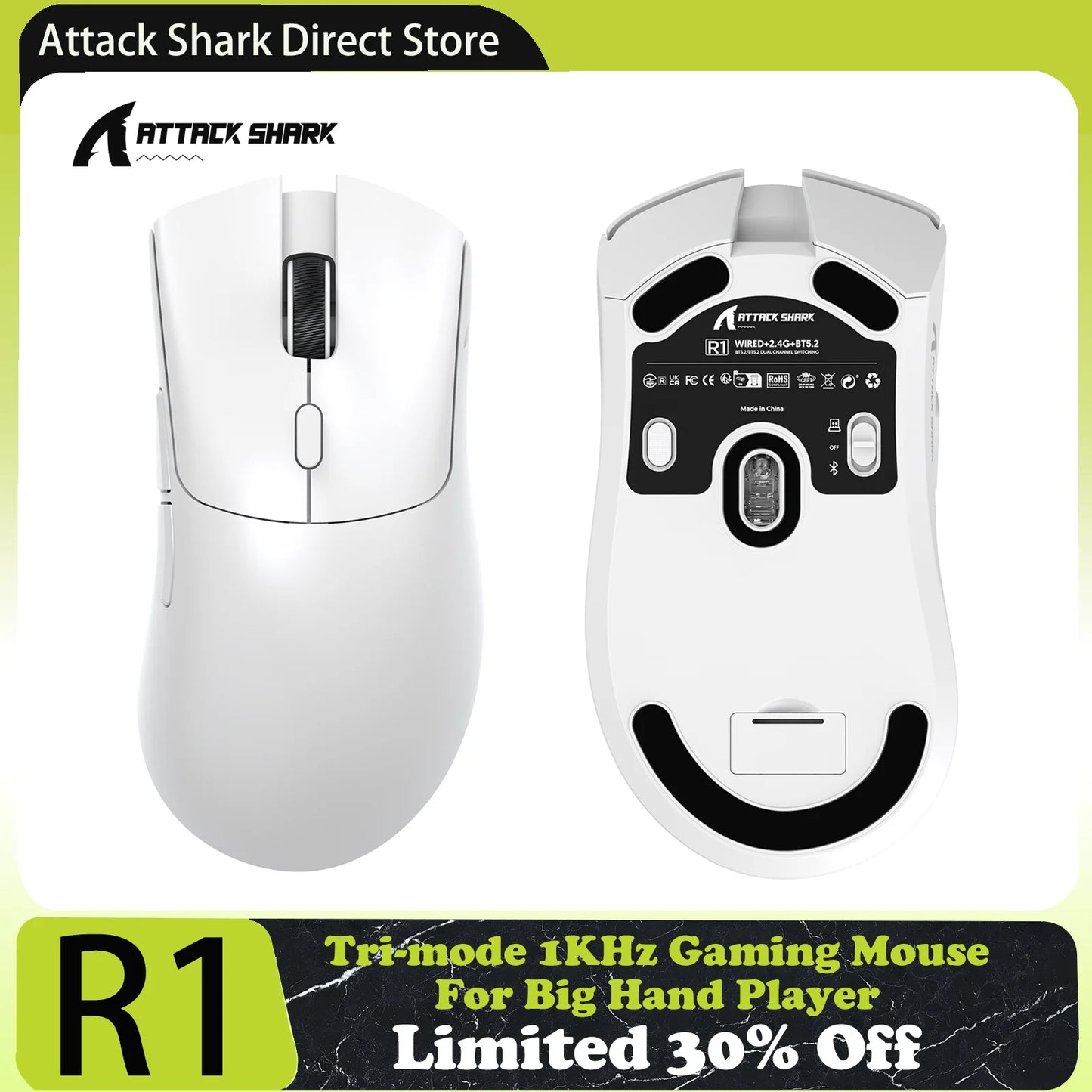 Rato Gaming Tri-mode ATTACK SHARK R1, sensor PixArt PAW3311, 18000 DPI, 1000hz, 59g ultraleve para mãos grandes, para PC/Mac