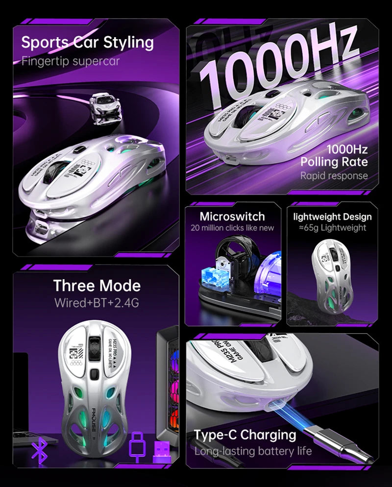 Rato Gaming Sem Fios 2.4G Trimodo RGB, Design Oco Leve com Iluminação Chroma, Com Fios/Bluetooth, Rato E-Sports Controlador