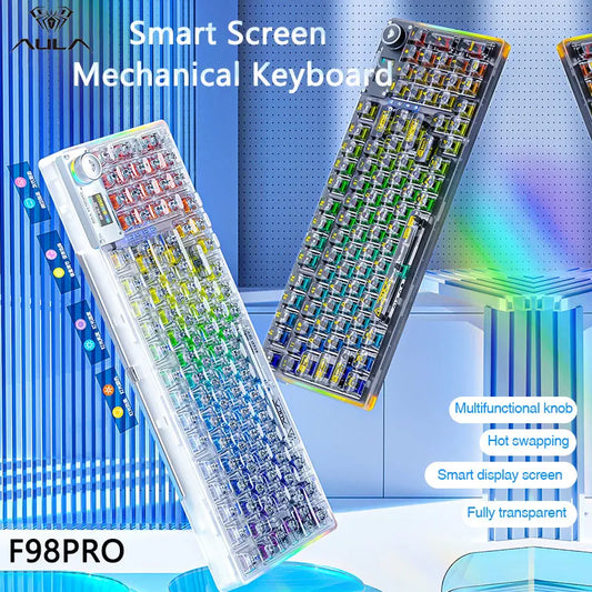 AULA F98PRO Wireless Mechanical Keyboard Transparent Keycaps RGB Backlit Custom 2.4G Hot Swappable Gaming Keyboard With Screen