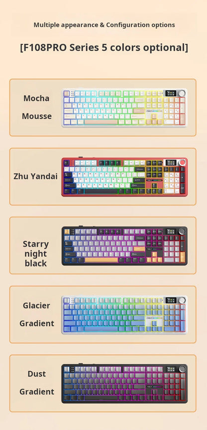 AULA F108 Pro Triple-mode Bluetooth 2.4G Wired Mechanical Keyboard Fully Customizable Hot-Swappable Keys Gasket Structure RGB