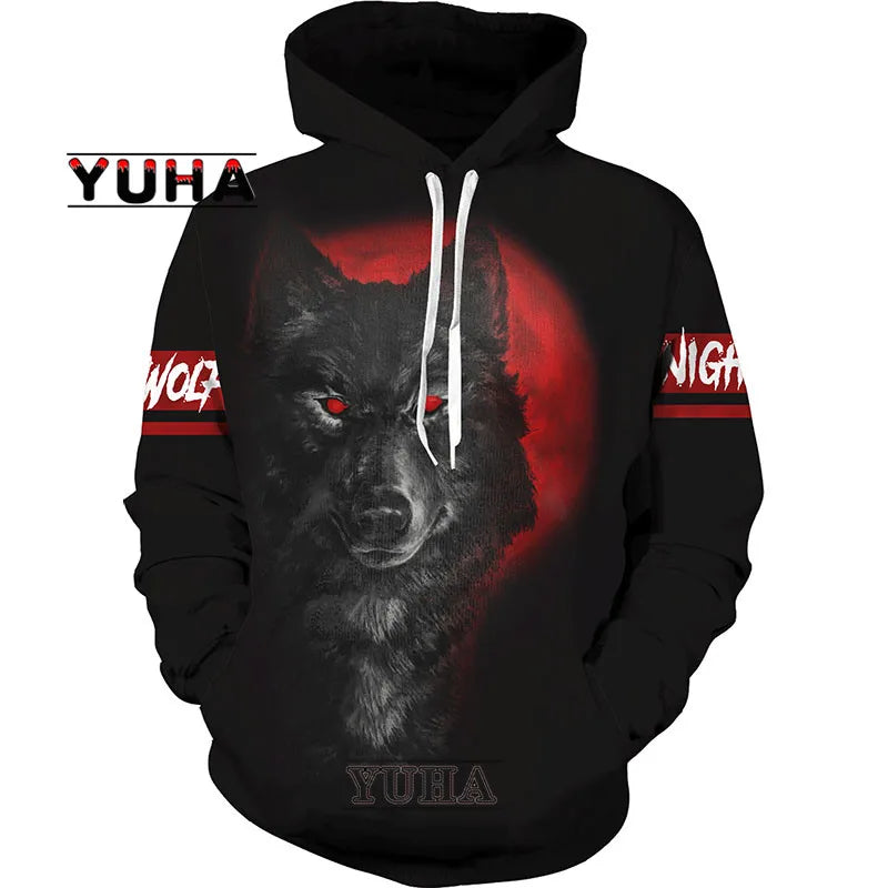 Sweatshirt com Capuz Unissexo Wolf com Impressão 3D, Pullover Cool com Gráfico Animal, Streetwear Masculino