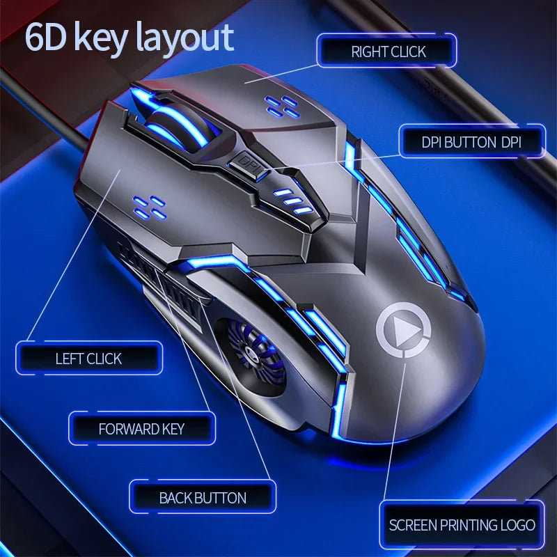 Rato Gaming Ergonómico com Fio YINDIAO RGB Silencioso, Retroiluminação LED, 3200dpi, 6 Botões, G5 USB, Rato Mecânico para PC, Portátil e Computador