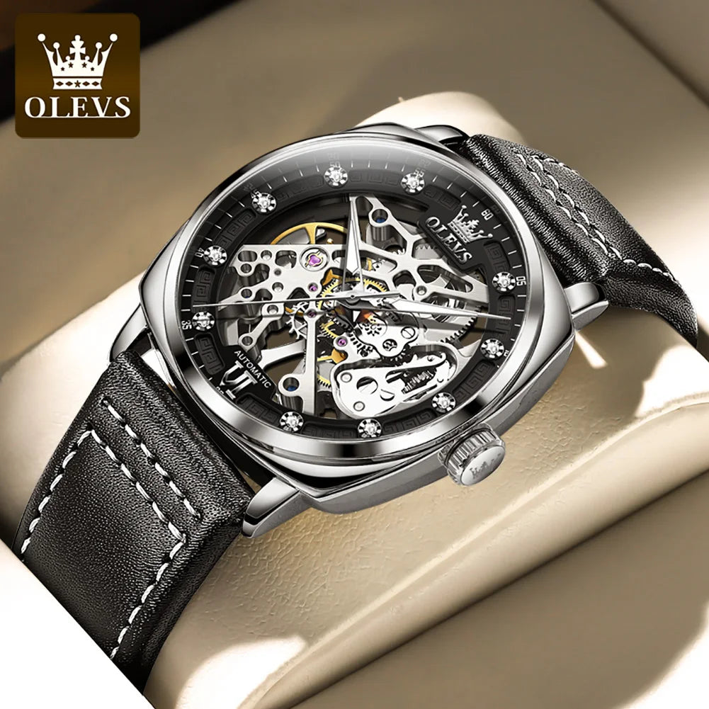 OLEVS 6651 Men's Watch Classic Automatic Mechanical Watch For Men Hollow Skeleton Clock Luxury Leather Waterproof Wrist Watches