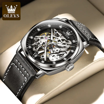 OLEVS 6651 Men's Watch Classic Automatic Mechanical Watch For Men Hollow Skeleton Clock Luxury Leather Waterproof Wrist Watches