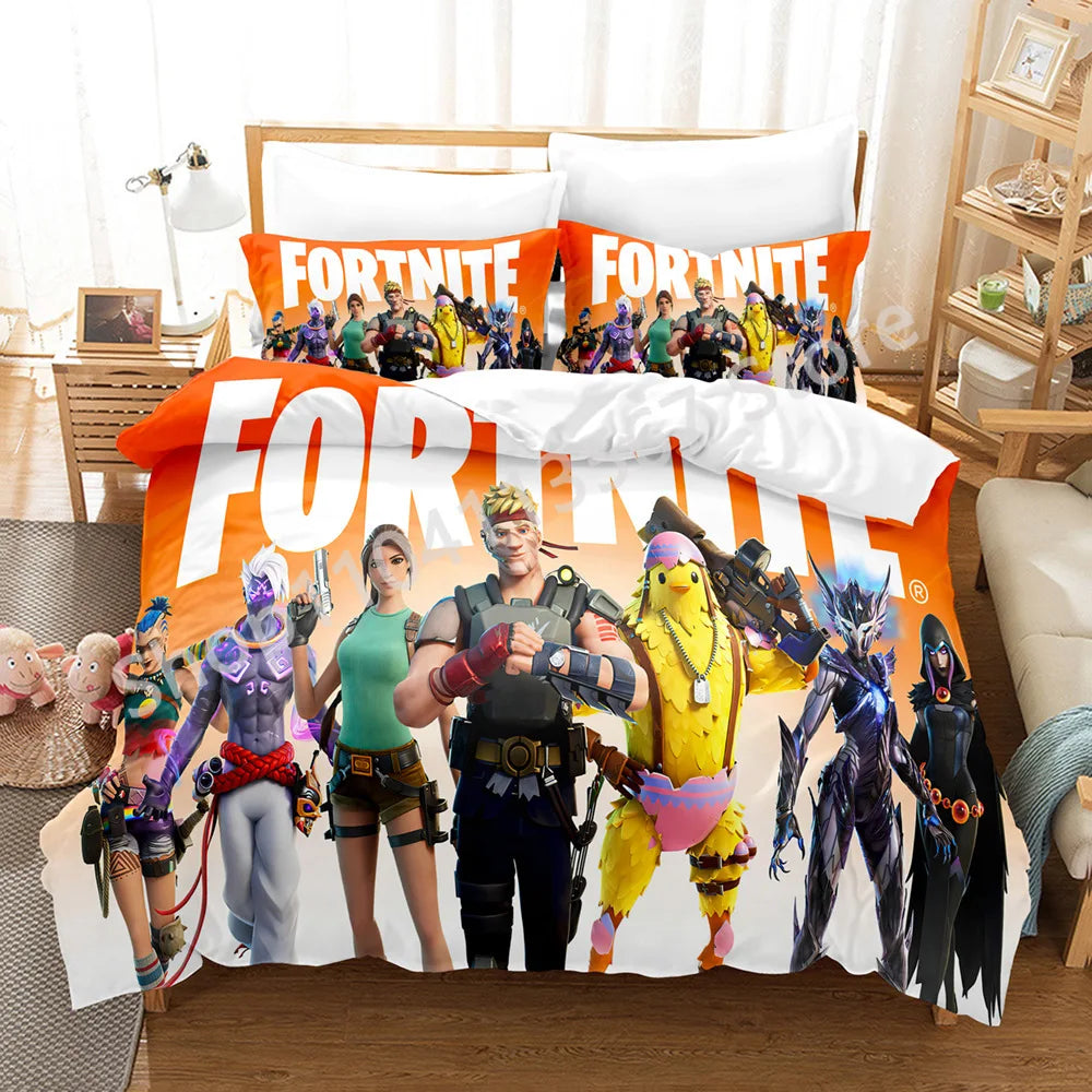 Conjunto de Cama Battle Royale F-Fortnite 3 Peças para Crianças, Capa de Edredão, Colcha e Fronha, Tamanho Duplo, Decoração de Quarto Victory Game