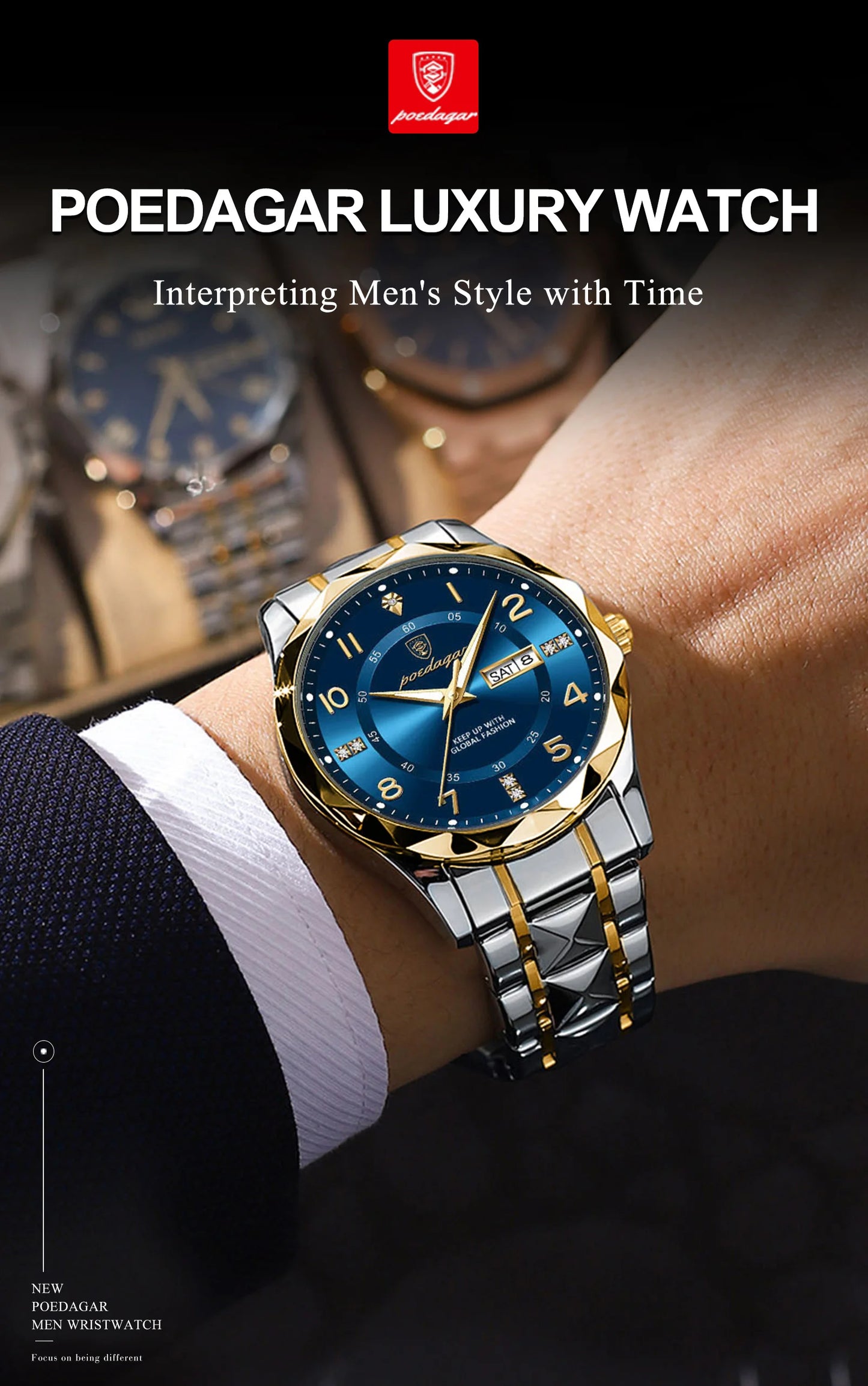 POEDAGAR Top Business Men Quartz Watch Waterproof Date Week Luminous Wristwatch Stainless Steel Fashion Men's Watches Man Clock